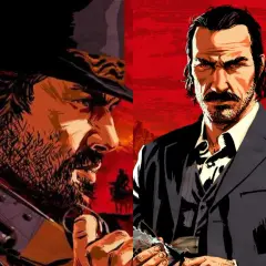 Dwóch mężczyzn z gry Red Dead Redemption, jeden z karabinem, drugi w garniturze. Fani zastanawiają się, kiedy będzie Red Dead Redemption 3.