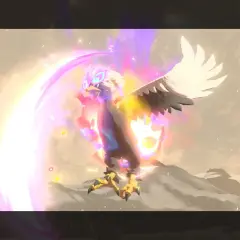 Potężny ptak z gry Pokemon Legends Arceus w locie, otoczony magiczną energią.