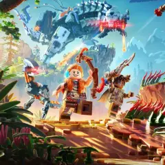 Aloy i Erend w świecie klocków Lego, gotowi na nowe lego horizon adventures. W tle ogromny mechaniczny dinozaur.