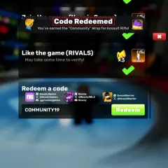 Odebrane kody do Rivals! Otrzymano "Community" Wrap do karabinu szturmowego. Wpisz kod COMMUNITY19, aby otrzymać nagrodę.