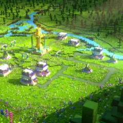 Wioska w stylu Minecraft z rzeką i lasem. Dowiedz się, jak włączyć komendy w MC, by tworzyć takie cuda!