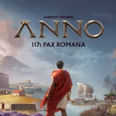 Anno 117: Pax Romana. Rzymski przywódca spogląda na krajobraz z Koloseum, wulkanem i statkiem.