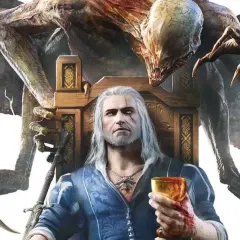 Geralt siedzi na tronie z kielichem krwi, a za nim czai się potwór. Zapowiedź Wiedźmin 1 remake.