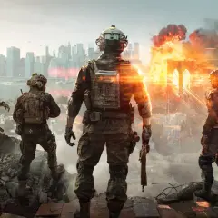 Żołnierze obserwują zniszczone miasto w kampanii Battlefield 6. Wybuchy i dym unoszą się nad mostem i budynkami.