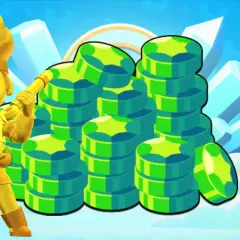Złota postać z gry Brawl Stars stoi obok stosów zielonych klejnotów. Szukasz kodów QR do Brawl Stars na gemy?