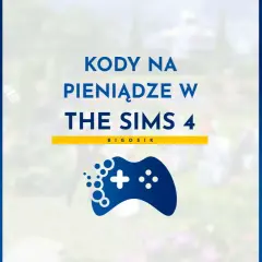 Szczęśliwy Sim z torbami pełnymi pieniędzy, tekst "Kody na pieniądze w The Sims 4" i ikony gry.