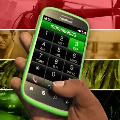 Wybieranie numeru na telefonie w GTA V PS5. Zobaczysz tu postacie z gry, helikopter i radiowóz.