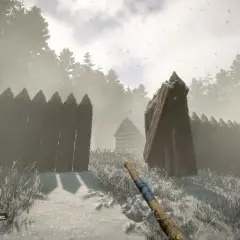 Zimny, mglisty las 2. Drewniany fort i chata w śniegu. W ręku trzymam kij.