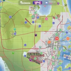 Mapa GTA 6 z zaznaczonymi lokacjami: Port Gellhorn, Ambrosia i Vice City. Widać drogi, lotniska i punkty zainteresowania.
