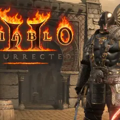 Rycerz w zbroi z mieczem w ręku, na tle płonącego logo Diablo II Resurrected i pustynnego miasta.