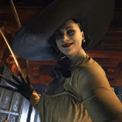 Uśmiechnięta Lady Dimitrescu z Resident Evil Village, która z pewnością należy do najlepszych gier horror. Jej długie pazury są gotowe do ataku.