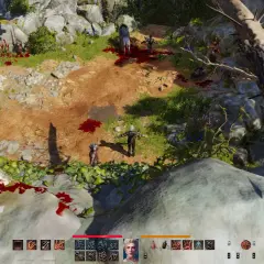 Krwawe ślady walki w Baldur's Gate III. Postacie przygotowują się do dalszych starć w leśnym terenie.