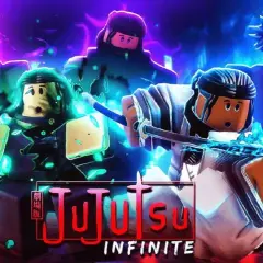 Postacie z Jujutsu Infinite walczą z użyciem mocy, otoczone niebieskimi i zielonymi płomieniami.