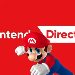Mario gotowy na nowy Nintendo Direct! Czerwone tło z białym napisem i ikonicznym hydraulikiem.