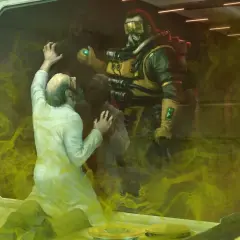 Caustic z Apex Legends w laboratorium, otoczony żółtym gazem. Naukowiec w białym kitlu klęczy, próbując się bronić.