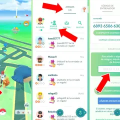 Gra Pokémon Go: ekran z listą znajomych, kodem trenera i mapą. Widoczni gracze i ikony prezentów od znajomych.