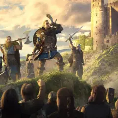 Wikingowie z Assassin's Creed Valhalla szturmują zamek. Eivor gra na rogu, a jego wojownicy wznoszą broń.
