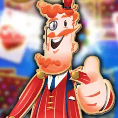 Postać z gry Candy Crush Saga z kciukiem w górę, w tle karty do gry.