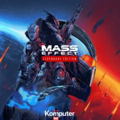 Postacie z Mass Effect 3 na tle planety i statków kosmicznych. Widoczny napis "Mass Effect Legendary Edition".