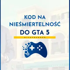 Michael De Santa z GTA V, z pistoletem w dłoni, obok napisu "KOD NA NIEŚMIERTELNOŚĆ DO GTA 5" i niebieskiego kontrolera.