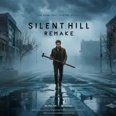 Mroczna ulica w Silent Hill, zniszczone budynki i samochody. W centrum stoi mężczyzna z rurą, gotowy na koszmar w **Silent Hill 1 remake**.