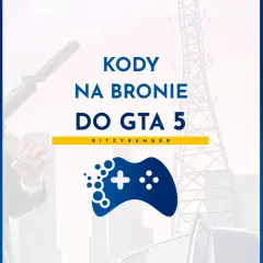 Michael z GTA 5 trzyma broń. Obok tekst "Kody na bronie do GTA 5" i logo z padem.