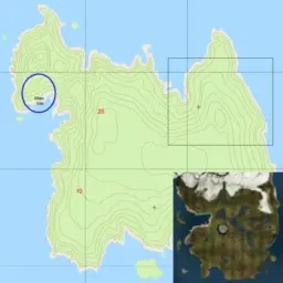 Mapa wyspy z zaznaczonym "Main Site". Widok z lotu ptaka pokazuje szczegółowy teren, a mniejszy obrazek to ogólna mapa lasu.