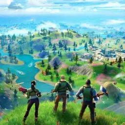 Trzech graczy Fortnite patrzy na wyspę. Gra Fortnite od ilu lat? Odpowiedź znajdziesz w tej kolorowej krainie.