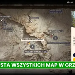 Mapa z gry Arc Raiders, pokazująca lokacje takie jak Port Kosmiczny, Nocny Rajd i Pole Bitwy na Terenie Zapory.