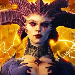 Lilith z Diablo 4, z jej złowrogim spojrzeniem i rogami, otoczona płomieniami i błyskawicami.