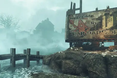Mglisty krajobraz z zniszczonym znakiem "Welcome to Far Harbor" i drewnianym molo.