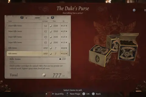 Menu z amunicją w Resident Evil Village. Widać tu różne rodzaje naboi, w tym do karabinu snajperskiego i karabinu, oraz ich ceny.