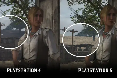Porównanie grafiki Red Dead Redemption 2 na PS4 i PS5. Widoczna poprawa detali i ostrości w wersji na PS5.