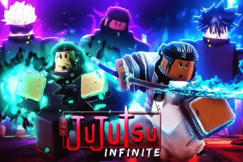 Postacie z Jujutsu Infinite walczą z użyciem mocy, otoczone niebieskimi i zielonymi płomieniami.