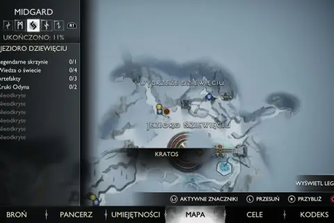 Mapa z gry God of War Ragnarok: Jezioro Dziewięciu w Midgardzie. Kratos stoi na lodzie, a wokół niego śnieżny krajobraz.