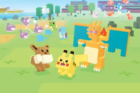 Pikachu, Eevee i Charizard w stylu pixel art. W tle inne Pokemony i krajobraz, jak w grach Pokemon na Nintendo Switch.