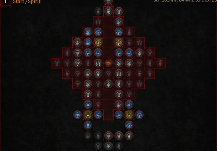 Drzewko umiejętności w Diablo 4, pokazujące ścieżkę "Start/Spirit". Pomocny poradnik dla graczy.