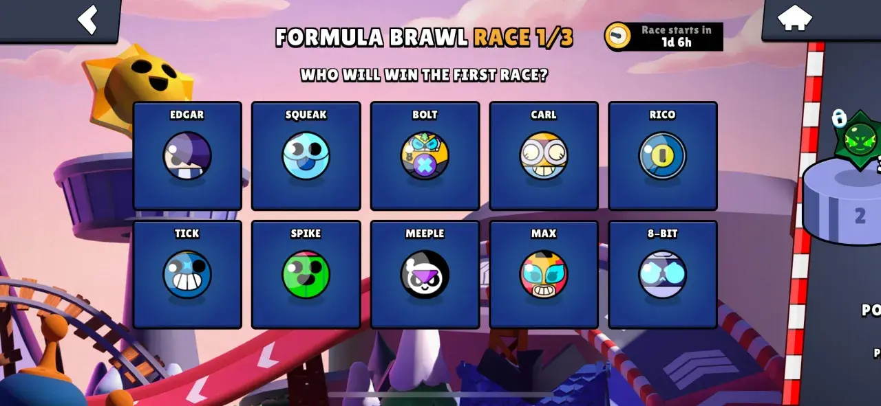 Wybierz swojego ulubionego z dostępnych brawl stars postacie do wyścigu Formuła Brawl! Kto wygra?