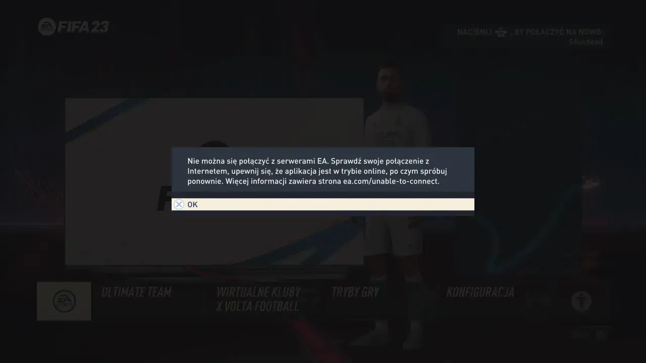 Komunikat o błędzie w FIFA 23: "Nie można się połączyć z serwerami EA". Problem z połączeniem do serwerów gry.