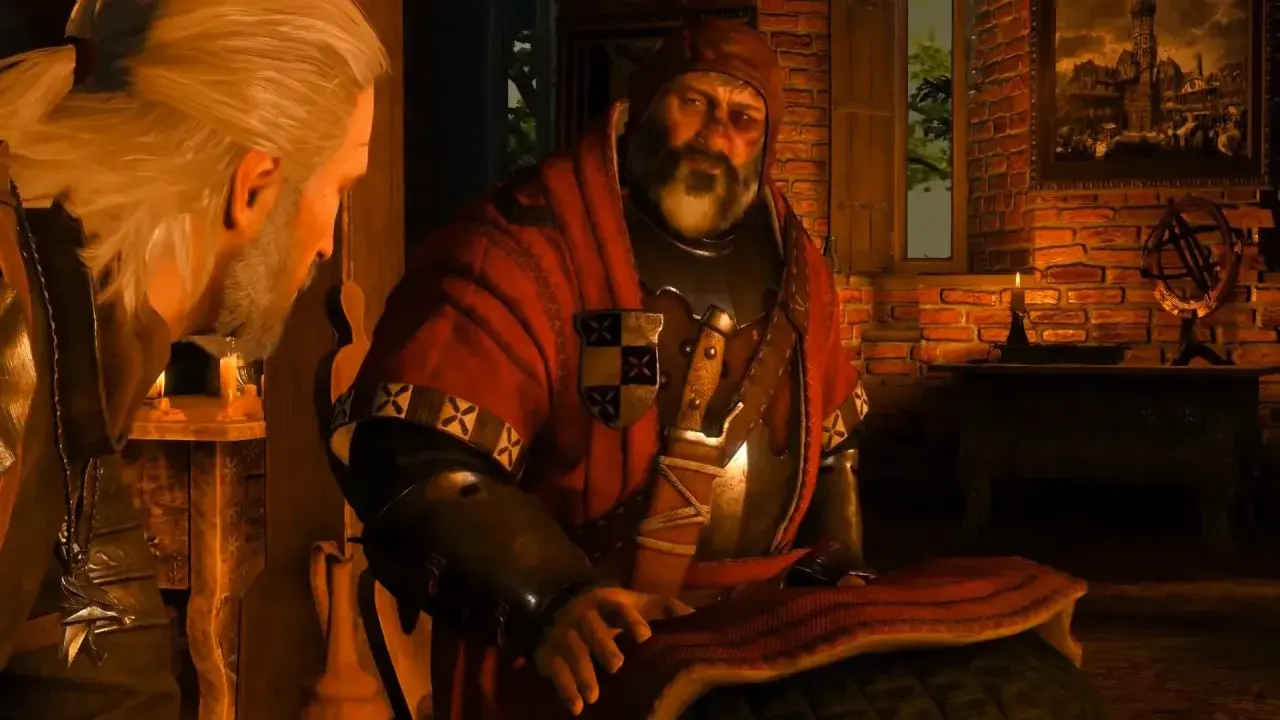 Geralt rozmawia z grubym mężczyzną w czerwonej szacie. To trudne wiedźmin 3 sprawy rodzinne.