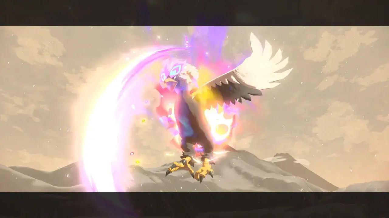 Potężny ptak z gry Pokemon Legends Arceus w locie, otoczony magiczną energią.