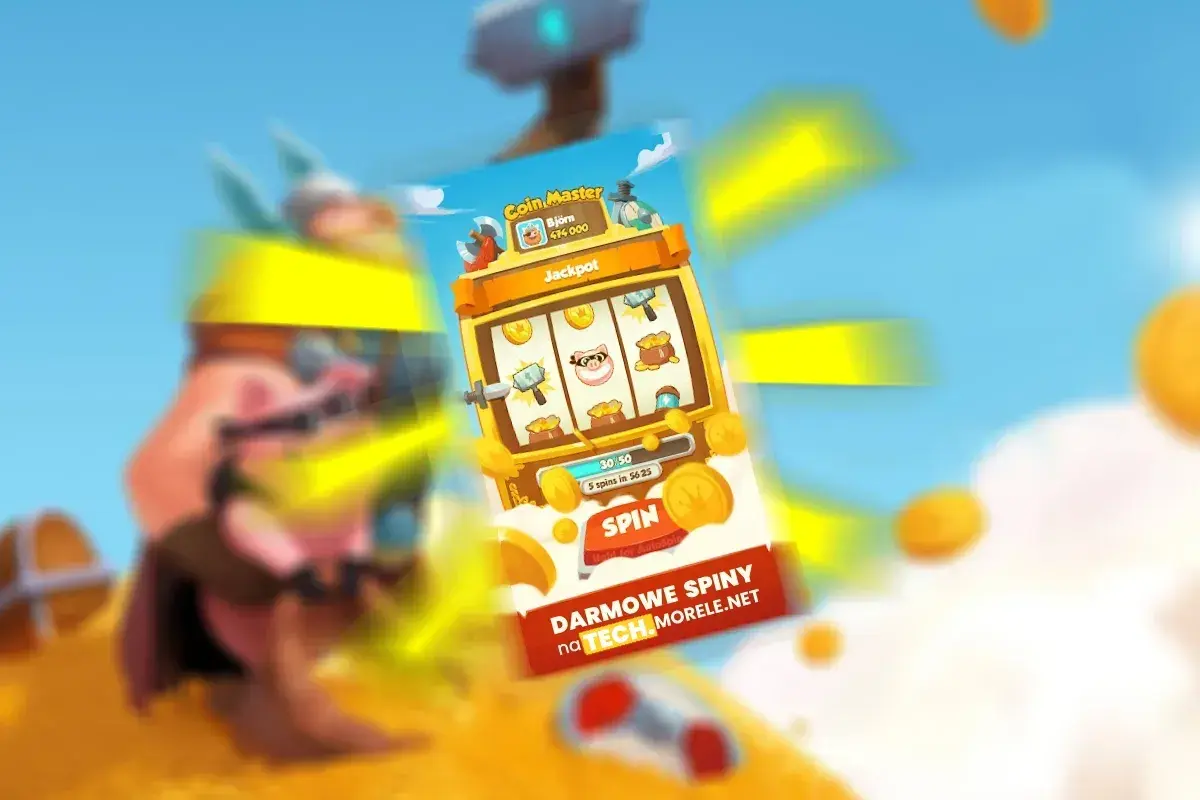 Gra Coin Master z automatem do gry i napisem "DARMOWE SPINY". Zdobądź swoje darmowe spiny!