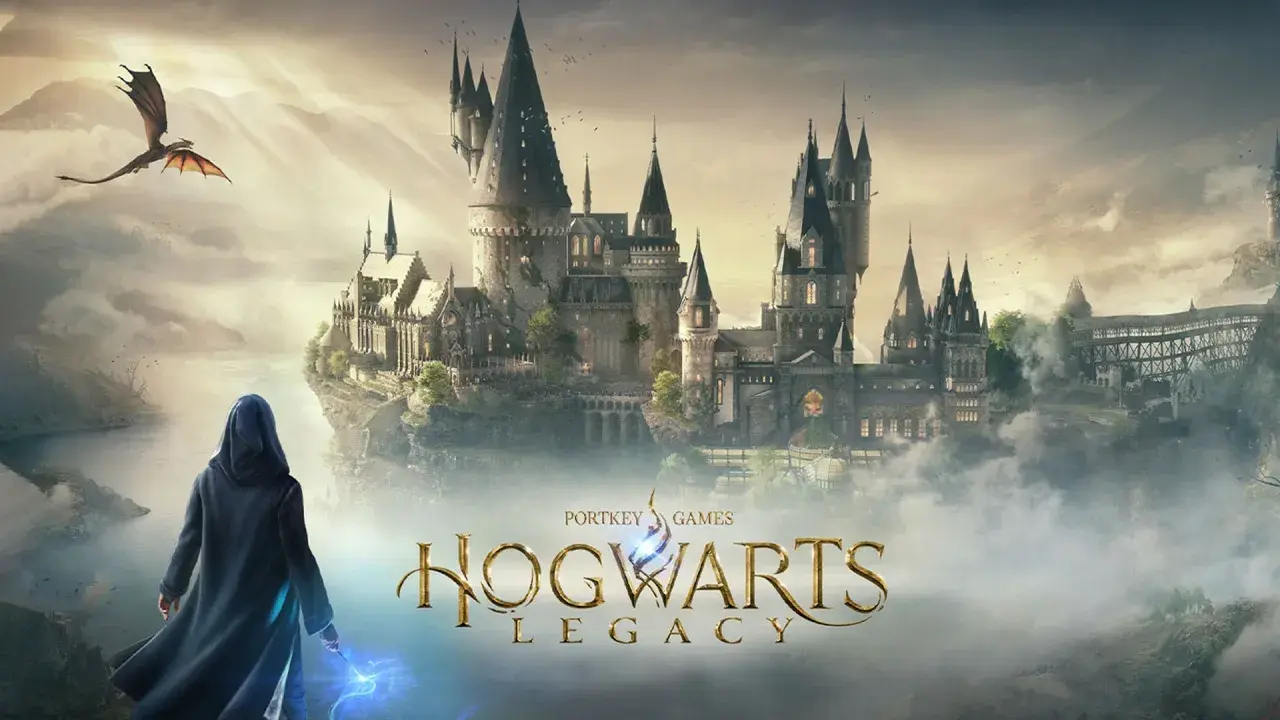 Magiczny zamek Hogwart, smok i postać z różdżką. To zapowiedź gry Hogwarts Legacy, idealna do poradnika.