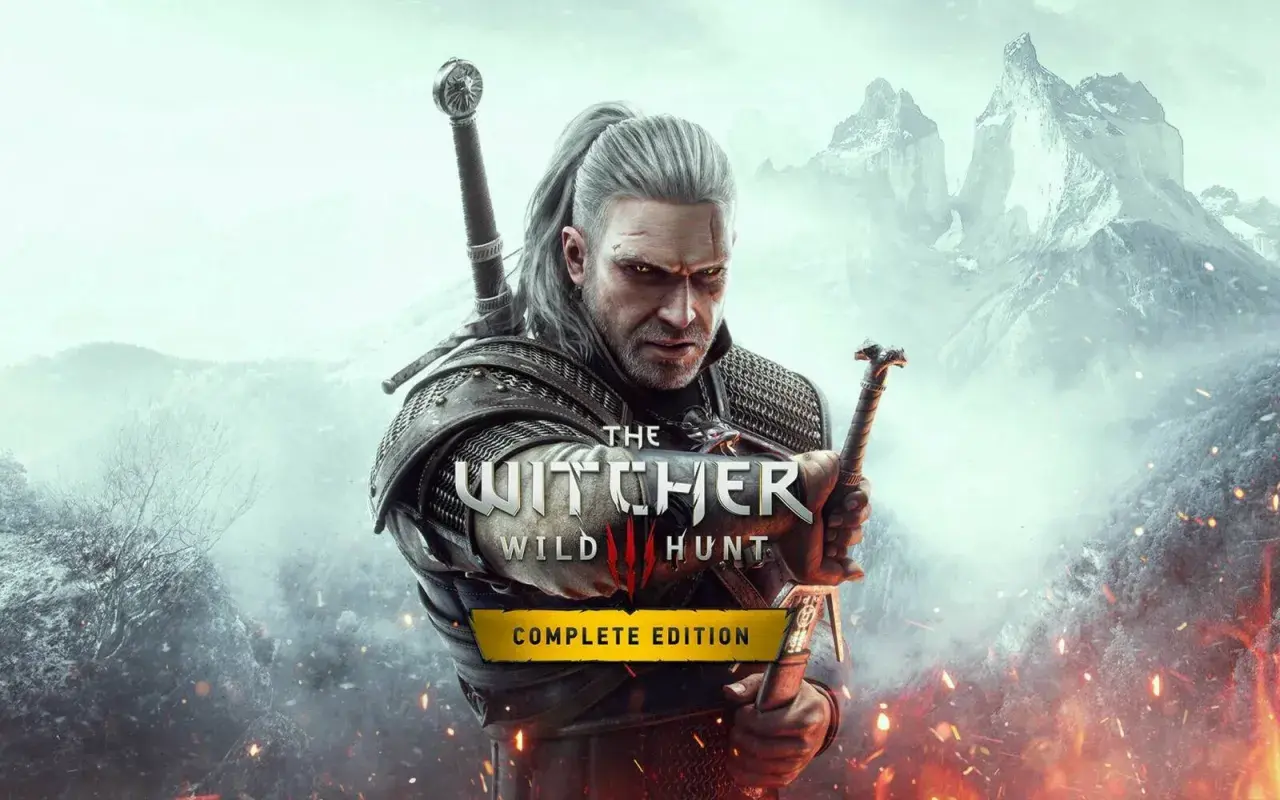 Geralt z Rivii, wiedźmin, z mieczami w dłoniach, na tle gór i płomieni. Jego spojrzenie zdaje się opowiadać smutną historię braci Grossbart.