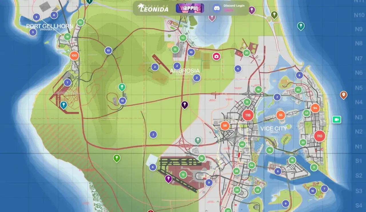 Mapa GTA 6 z zaznaczonymi lokacjami: Port Gellhorn, Ambrosia i Vice City. Widać drogi, lotniska i punkty zainteresowania.