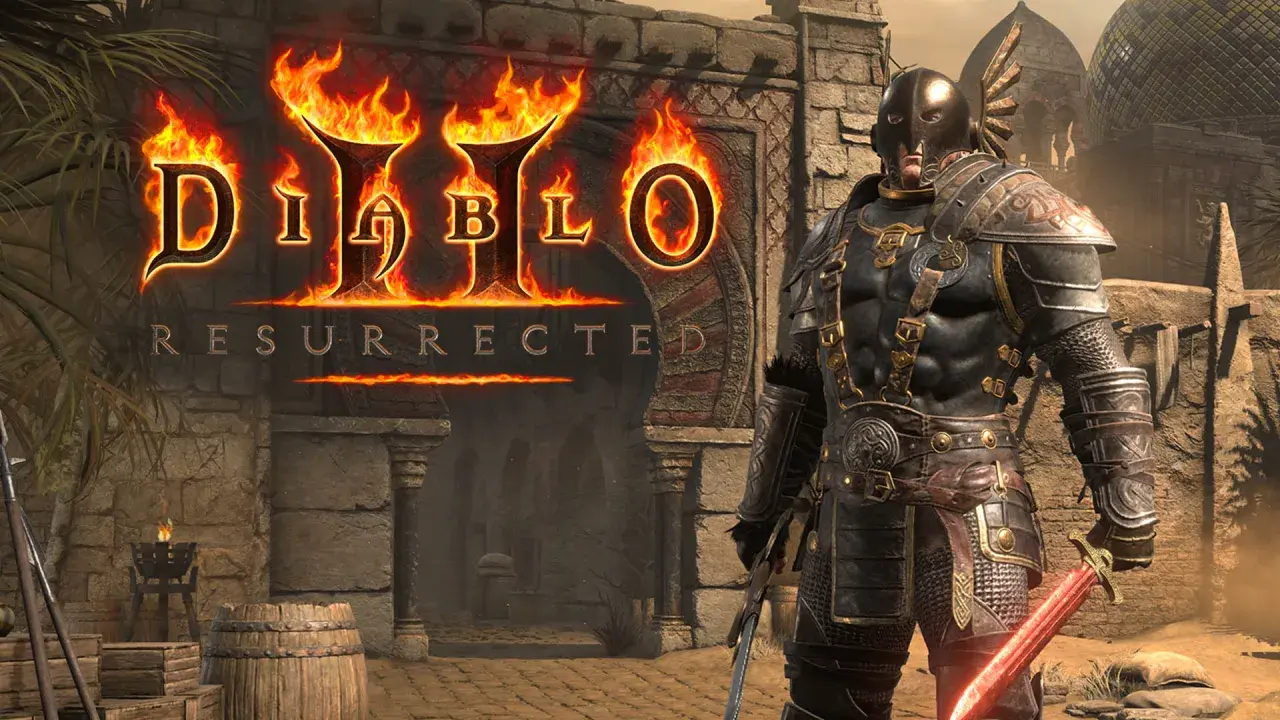 Rycerz w zbroi z mieczem w ręku, na tle płonącego logo Diablo II Resurrected i pustynnego miasta.