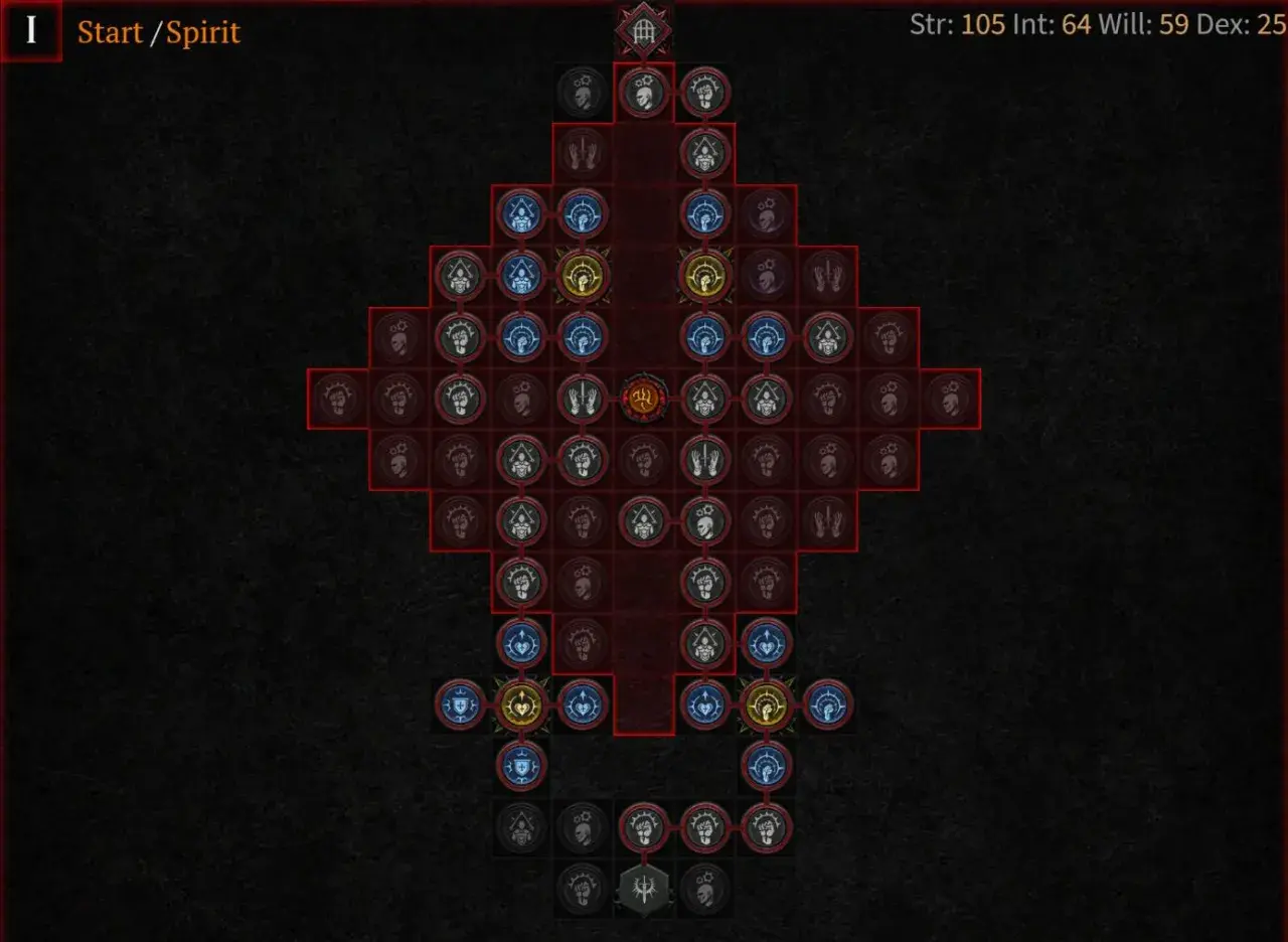 Drzewko umiejętności w Diablo 4, pokazujące ścieżkę "Start/Spirit". Pomocny poradnik dla graczy.