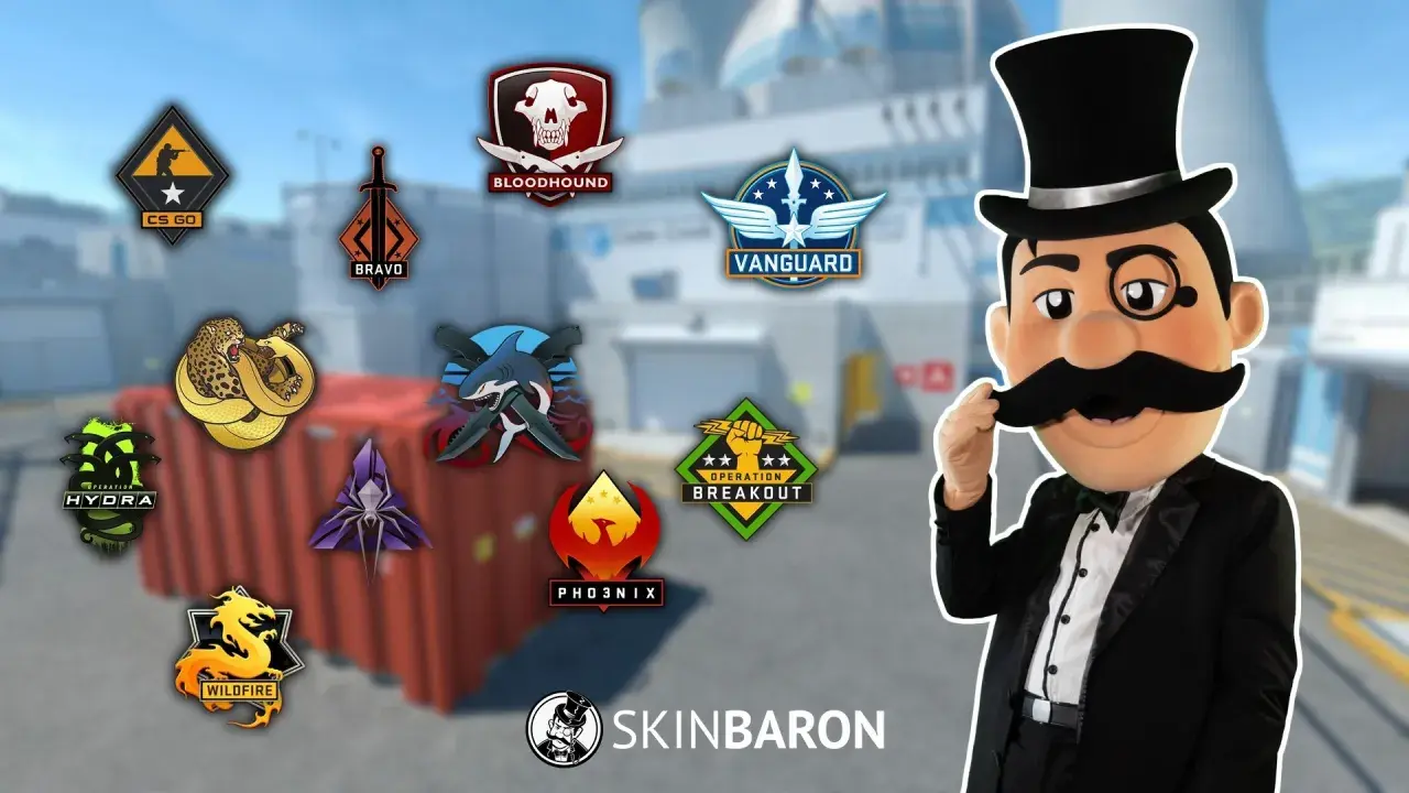 Kolekcja emblematów z CS GO Operacja: Bloodhound, Vanguard, Bravo, Hydra, Breakout, Wildfire, Phoenix. Maskotka w garniturze.