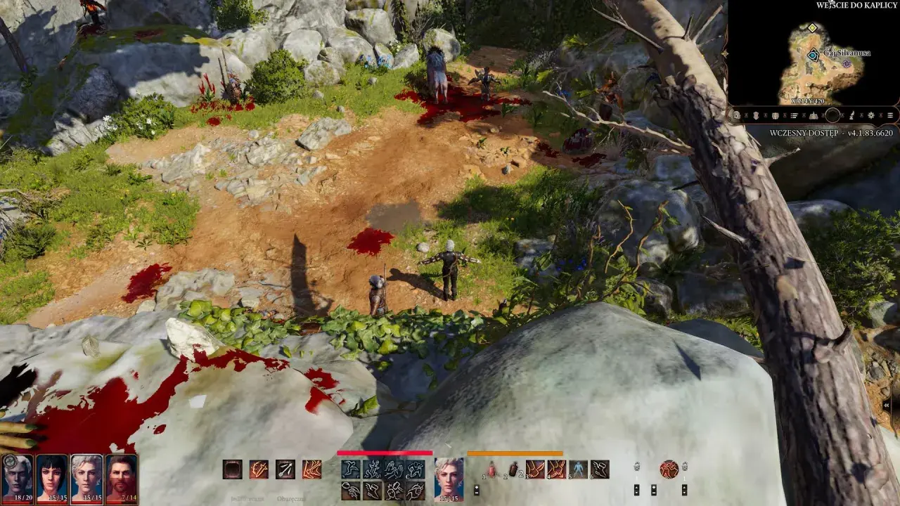 Krwawe ślady walki w Baldur's Gate III. Postacie przygotowują się do dalszych starć w leśnym terenie.
