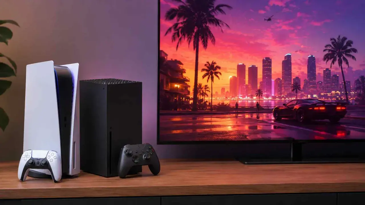 Konsola PS5 i Xbox Series X obok telewizora z widokiem na miasto i samochód, jak z gry GTA 6.